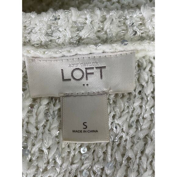 LOFT White Sequin Knit‎ Sweater Tunic Sheer Hem Women's Small - Picture 4 of 10